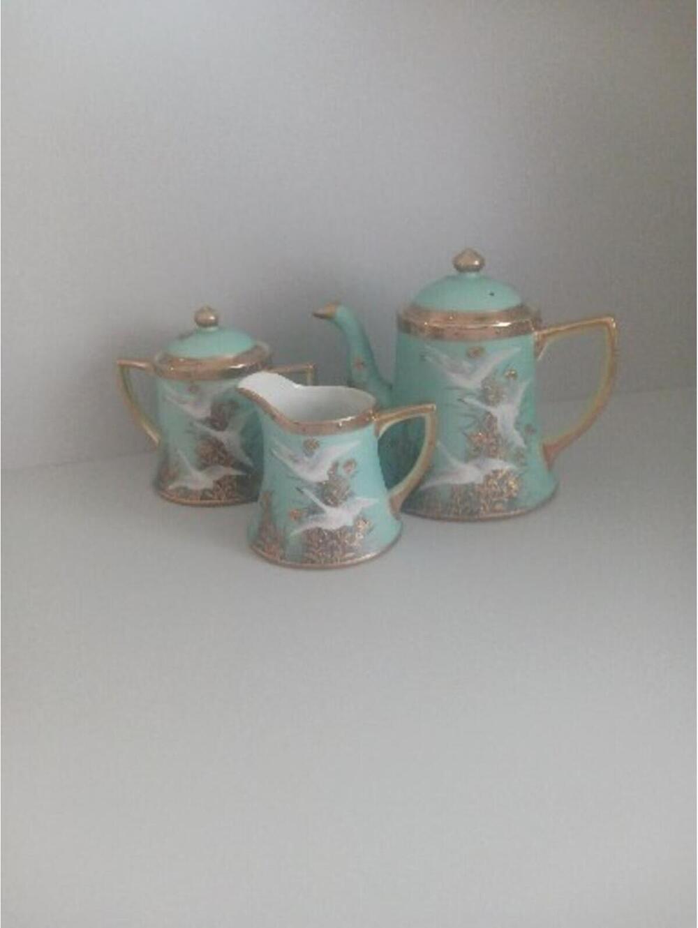 Antique Teal Gold Gilt Jewelled Flying Swan/Geese Teapot With Creamer And Sugar